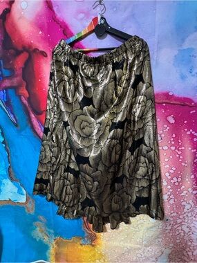 Vintage 80s Metallic Floral Midi Skirt in Gold and Black